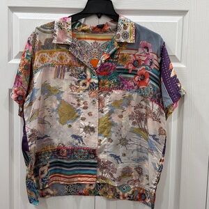 Johnny Was Logan Jules Map Print Button Up Short Sleeve Silk Shirt Size XL